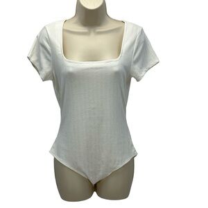 Self Esteem Short Sleeve Square Neck Ribbed Knit Bodysuit - White - size XL
